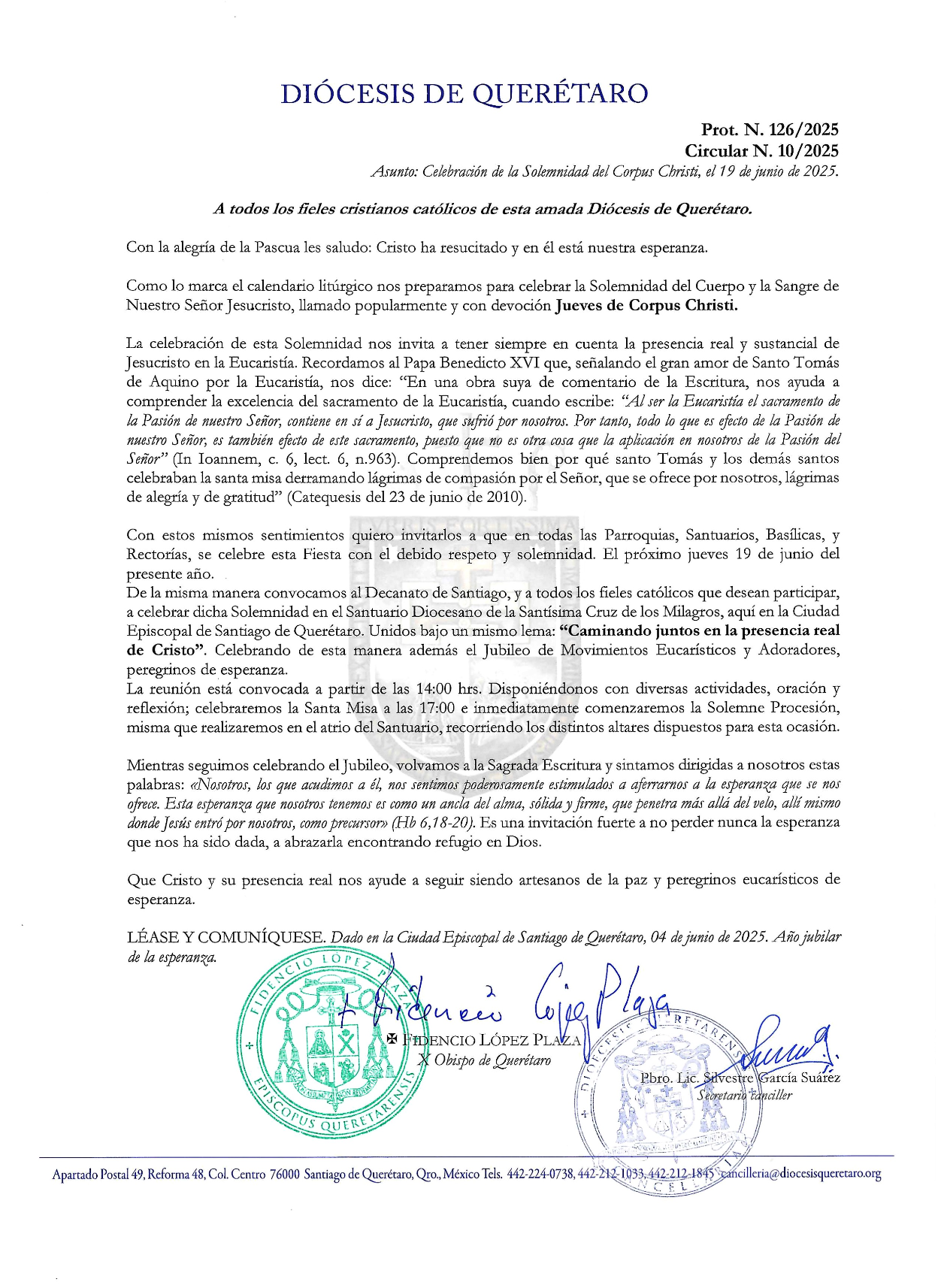 Prot. N. 126/2025. Circular N. 10/2025. Asunto: Celebración de la Solemnidad del Corpus Christi, el 19 de junio de 2025.